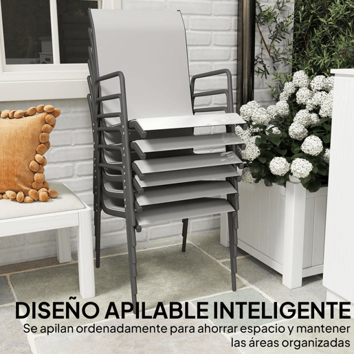 Outsunny Conjunto de 6 Cadeiras de Jardim Empilháveis Cadeiras de Exterior com Apoio de Braços Assento e Encosto em Malha Respiráveis Estrutura Metálica Resistente 51x69x87 cm Cinza
