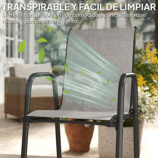 Outsunny Conjunto de 6 Cadeiras de Jardim Empilháveis Cadeiras de Exterior com Apoio de Braços Assento e Encosto em Malha Respiráveis Estrutura Metálica Resistente 51x69x87 cm Cinza