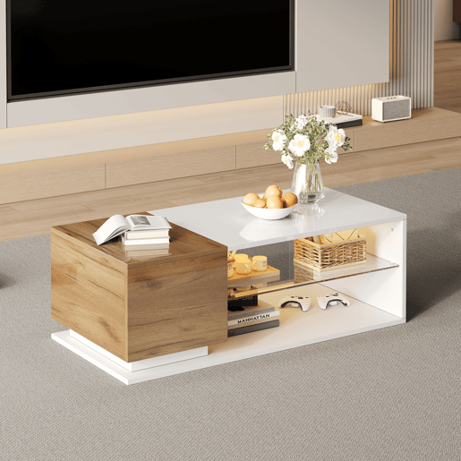 Mesa de centro retangular de painel de partículas com luz led,branco