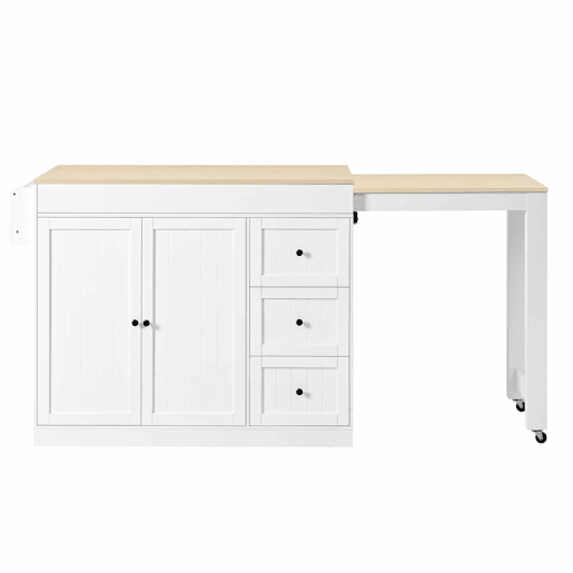 Ilha de cozinha com rodas 130 cm - com mesa extensível, prateleira para especiarias e gavetas, ilha de cozinha móvel independente - Branco