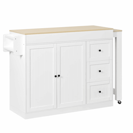Ilha de cozinha com rodas 130 cm - com mesa extensível, prateleira para especiarias e gavetas, ilha de cozinha móvel independente - Branco