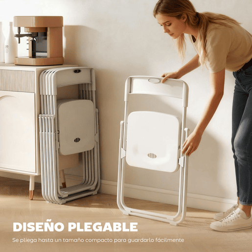 HOMCOM Conjunto de 6 Cadeiras Dobráveis de Plástico e Aço Cadeiras Dobráveis com Encosto Curvo Assento Côncavo com Ventilação Para Espaços Pequenos Sala de Estar Sala de Jantar Cozinha 48,5x47x75 cm Branco