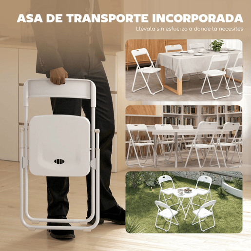 HOMCOM Conjunto de 6 Cadeiras Dobráveis de Plástico e Aço Cadeiras Dobráveis com Encosto Curvo Assento Côncavo com Ventilação Para Espaços Pequenos Sala de Estar Sala de Jantar Cozinha 48,5x47x75 cm Branco