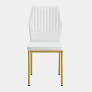 Conjunto de 4 cadeiras de jantar - Estilo luxuoso e leve, encosto em PU branco com padrão vertical + pernas metálicas douradas - Branco + Dourado