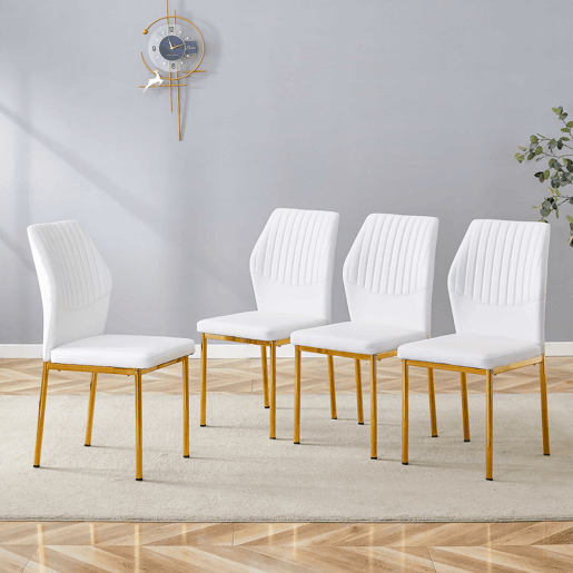 Conjunto de 4 cadeiras de jantar - Estilo luxuoso e leve, encosto em PU branco com padrão vertical + pernas metálicas douradas - Branco + Dourado
