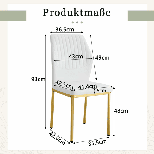 Conjunto de 4 cadeiras de jantar - Estilo luxuoso e leve, encosto em PU branco com padrão vertical + pernas metálicas douradas - Branco + Dourado