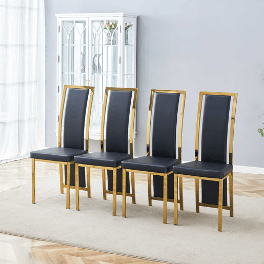 Cadeiras de sala de jantar 4 unidades 109 cm - design minimalista europeu, estofadas em PU preto com detalhes dourados e estrutura metálica dourada - Preto e Dourado