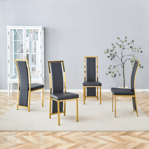 Cadeiras de sala de jantar 4 unidades 109 cm - design minimalista europeu, estofadas em PU preto com detalhes dourados e estrutura metálica dourada - Preto e Dourado