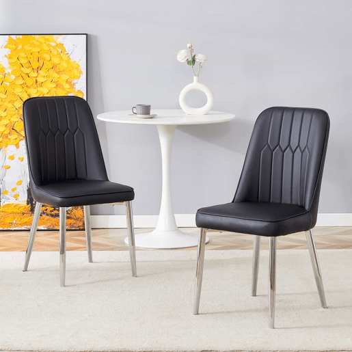 Cadeiras de sala de jantar (2 unidades) - design moderno e minimalista, assento largo, encosto e pernas metálicas prateadas - preto e prateado