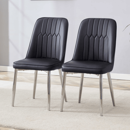 Cadeiras de sala de jantar (2 unidades) - design moderno e minimalista, assento largo, encosto e pernas metálicas prateadas - preto e prateado