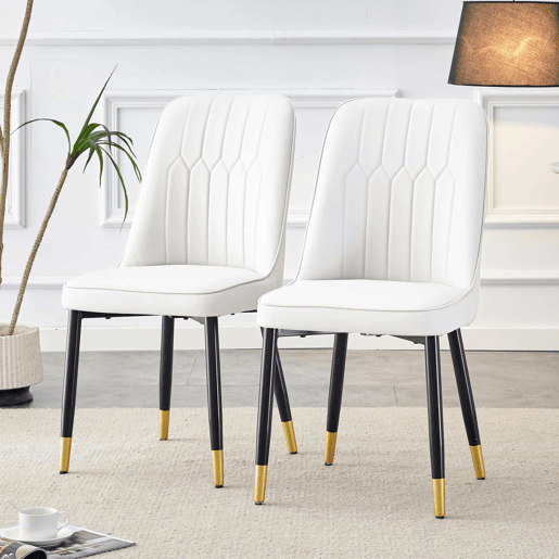 Conjunto de 2 cadeiras de jantar modernas - encosto em PU branco e pernas em metal preto - Branco+Preto