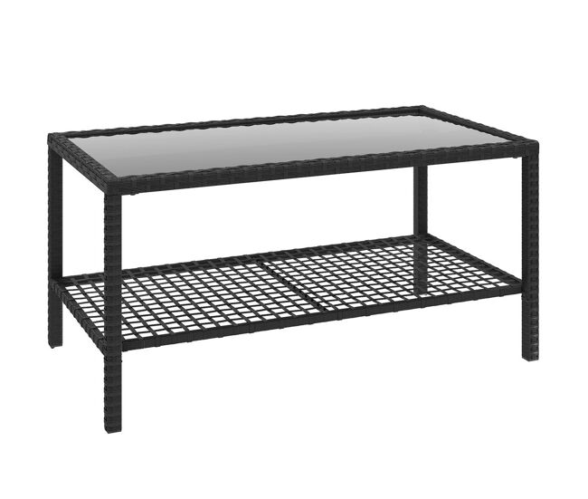 Outsunny mesa de jardín de ratán, mesita auxiliar con estante, tablero de vidrio templado, estructura de acero, para terraza, patio, balcón, 92x50x45 cm, negro