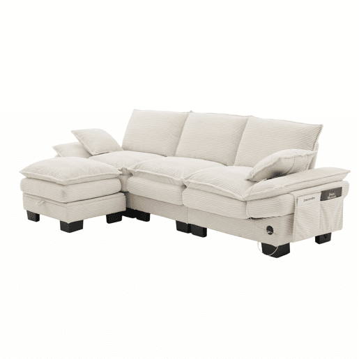 Sofá modular de 3 lugares - assento amplo, design ergonómico, estofamento em espuma de alta densidade, porta USB-C e bolsos laterais - bege