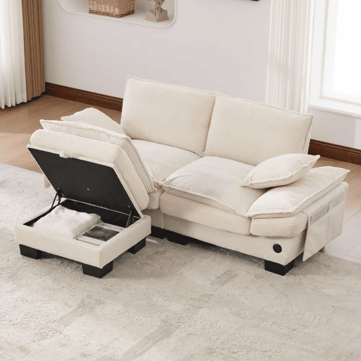 Sofá modular de 2 lugares - assento largo, design ergonómico, espuma de alta densidade, porta USB-C e bolsos laterais - bege