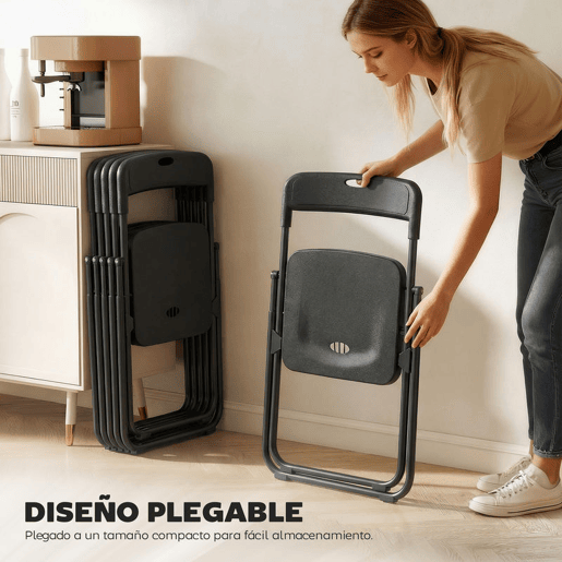 HOMCOM Conjunto de 6 Cadeiras Dobráveis de Plástico e Aço Cadeiras Dobráveis com Encosto Curvo Assento Côncavo com Ventilação Para Espaços Pequenos Sala de Estar Sala de Jantar Cozinha 48,5x47x75 cm Preto