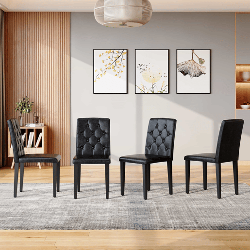 Conjunto de 4 cadeiras de jantar em preto puro - Luxo leve. A primeira escolha para salas de jantar europeias, com pernas de metal pretas para combinações versáteis. - Preto