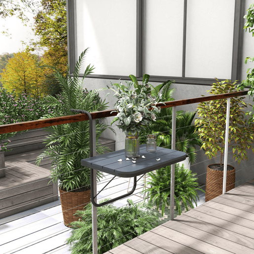 Outsunny Mesa Suspensa de Varanda, Mesa Dobrável de Alumínio para Grade, com Altura Ajustável em 4 Níveis, Adaptável a 4 Larguras, Suporta até 25 kg, para Jardim, 60x40x55-64 cm, Preto