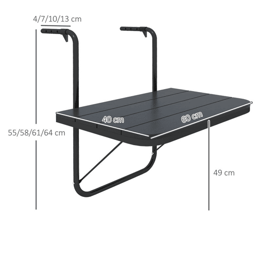 Outsunny Mesa Suspensa de Varanda, Mesa Dobrável de Alumínio para Grade, com Altura Ajustável em 4 Níveis, Adaptável a 4 Larguras, Suporta até 25 kg, para Jardim, 60x40x55-64 cm, Preto
