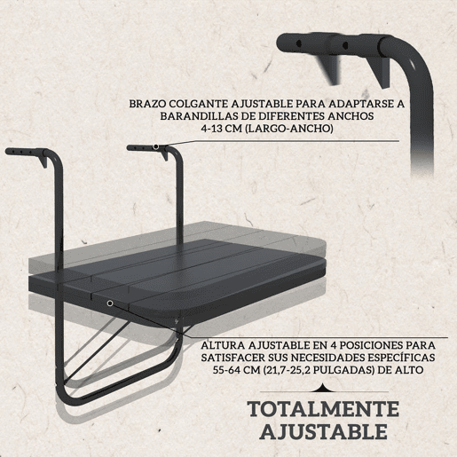 Outsunny Mesa Suspensa de Varanda, Mesa Dobrável de Alumínio para Grade, com Altura Ajustável em 4 Níveis, Adaptável a 4 Larguras, Suporta até 25 kg, para Jardim, 60x40x55-64 cm, Preto