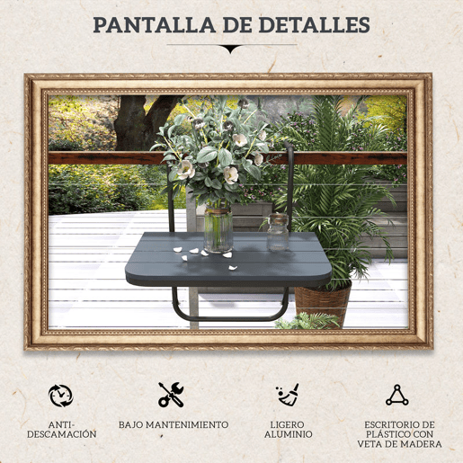 Outsunny Mesa Suspensa de Varanda, Mesa Dobrável de Alumínio para Grade, com Altura Ajustável em 4 Níveis, Adaptável a 4 Larguras, Suporta até 25 kg, para Jardim, 60x40x55-64 cm, Preto