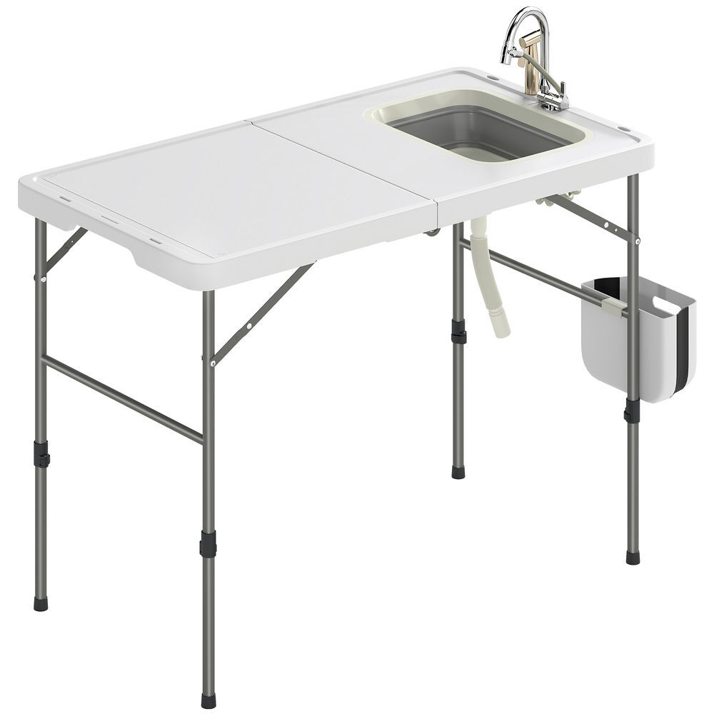 Outsunny mesa plegable camping con fregadero, mesa portátil con grifo, altura regulable, cubo plegable, bolsa de transporte, regla, ranuras para cuchillos, mesa auxiliar exterior para jardín terraza