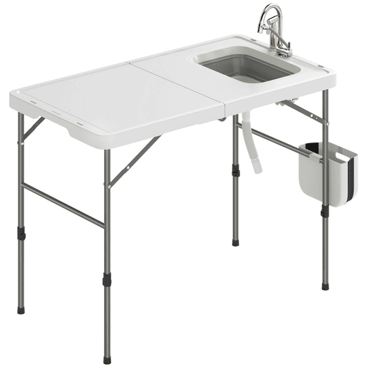 Outsunny Mesa Dobrável de Limpeza de Peixe Portátil para Camping com Altura Ajustável, Torneira, Pia e Cesto Dobráveis, Mangueira, Bolsa de Transporte, Régua e Ranhuras