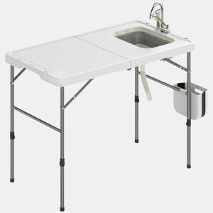 Outsunny Mesa Dobrável de Limpeza de Peixe Portátil para Camping com Altura Ajustável, Torneira, Pia e Cesto Dobráveis, Mangueira, Bolsa de Transporte, Régua e Ranhuras
