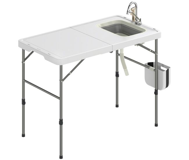 Outsunny mesa plegable camping con fregadero, mesa portátil con grifo, altura regulable, cubo plegable, bolsa de transporte, regla, ranuras para cuchillos, mesa auxiliar exterior para jardín terraza