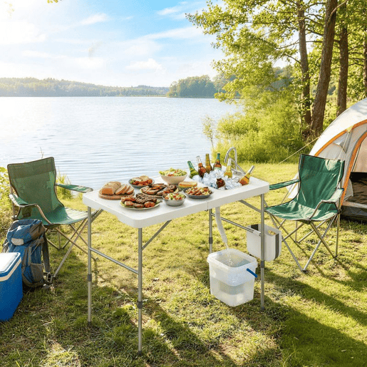 Outsunny Mesa Dobrável de Limpeza de Peixe Portátil para Camping com Altura Ajustável, Torneira, Pia e Cesto Dobráveis, Mangueira, Bolsa de Transporte, Régua e Ranhuras