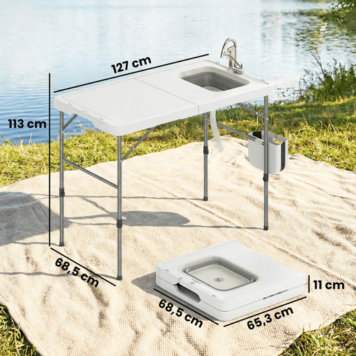 Outsunny Mesa Dobrável de Limpeza de Peixe Portátil para Camping com Altura Ajustável, Torneira, Pia e Cesto Dobráveis, Mangueira, Bolsa de Transporte, Régua e Ranhuras