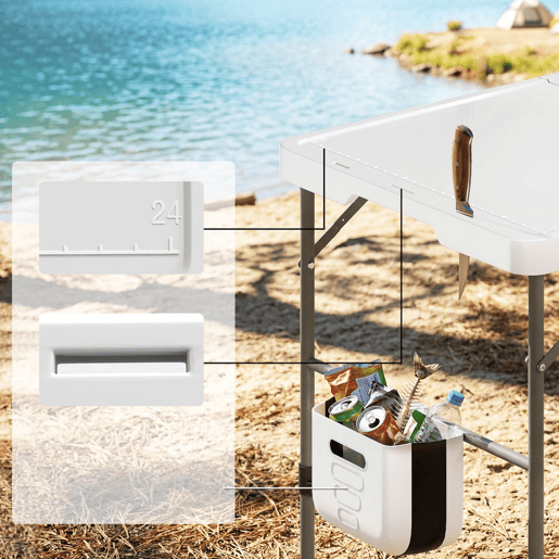 Outsunny Mesa Dobrável de Limpeza de Peixe Portátil para Camping com Altura Ajustável, Torneira, Pia e Cesto Dobráveis, Mangueira, Bolsa de Transporte, Régua e Ranhuras