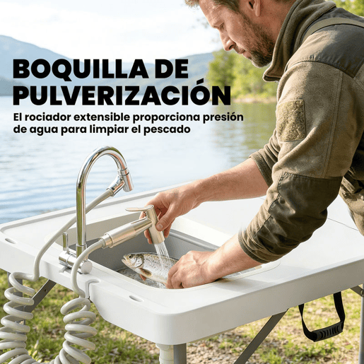 Outsunny Mesa Dobrável de Limpeza de Peixe Portátil para Camping com Altura Ajustável, Torneira, Pia e Cesto Dobráveis, Mangueira, Bolsa de Transporte, Régua e Ranhuras