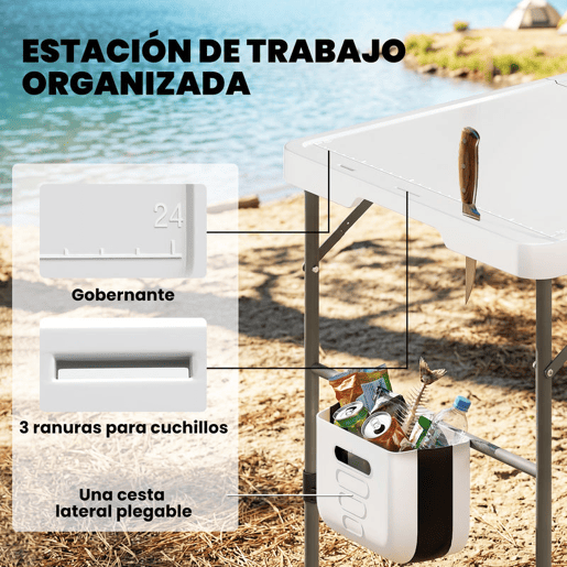 Outsunny Mesa Dobrável de Limpeza de Peixe Portátil para Camping com Altura Ajustável, Torneira, Pia e Cesto Dobráveis, Mangueira, Bolsa de Transporte, Régua e Ranhuras