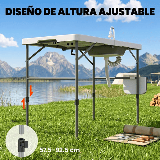 Outsunny Mesa Dobrável de Limpeza de Peixe Portátil para Camping com Altura Ajustável, Torneira, Pia e Cesto Dobráveis, Mangueira, Bolsa de Transporte, Régua e Ranhuras