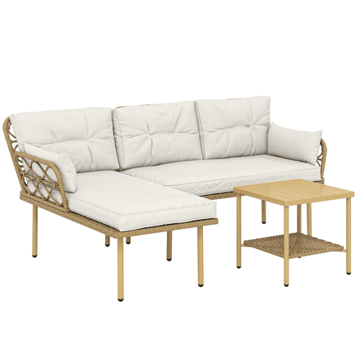 Outsunny Conjunto de Jardim em Vime de 3 Peças de Móveis de Jardim Exterior com 1 Sofá de Dois Lugares 1 Espreguiçadeira 1 Mesa de Centro Metálica de 2 Níveis e Almofadas Anti-UV para Pátio Creme