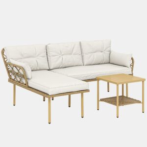Outsunny Conjunto de Jardim em Vime de 3 Peças de Móveis de Jardim Exterior com 1 Sofá de Dois Lugares 1 Espreguiçadeira 1 Mesa de Centro Metálica de 2 Níveis e Almofadas Anti-UV para Pátio Creme