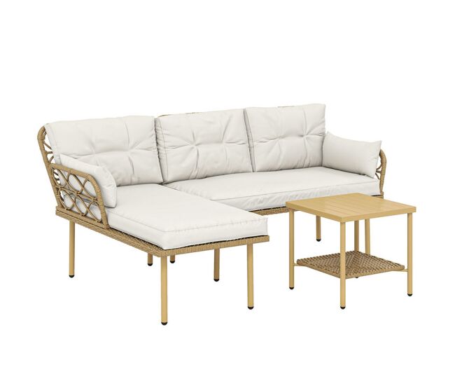 Outsunny conjunto de jardín de ratán, juego de 3 piezas muebles jardín exterior con 1 sofá de 2 plazas, 1 sofá esquinera, 1 mesa de centro metálica de 2 niveles y cojines, anti-uv, para patio, crema