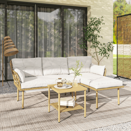 Outsunny Conjunto de Jardim em Vime de 3 Peças de Móveis de Jardim Exterior com 1 Sofá de Dois Lugares 1 Espreguiçadeira 1 Mesa de Centro Metálica de 2 Níveis e Almofadas Anti-UV para Pátio Creme