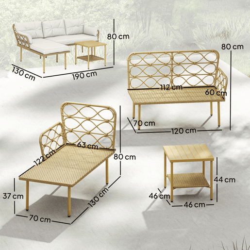 Outsunny Conjunto de Jardim em Vime de 3 Peças de Móveis de Jardim Exterior com 1 Sofá de Dois Lugares 1 Espreguiçadeira 1 Mesa de Centro Metálica de 2 Níveis e Almofadas Anti-UV para Pátio Creme