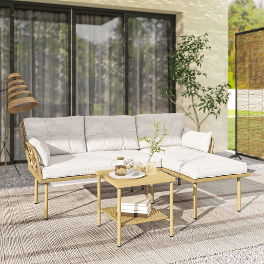 Outsunny Conjunto de Jardim em Vime de 3 Peças de Móveis de Jardim Exterior com 1 Sofá de Dois Lugares 1 Espreguiçadeira 1 Mesa de Centro Metálica de 2 Níveis e Almofadas Anti-UV para Pátio Creme