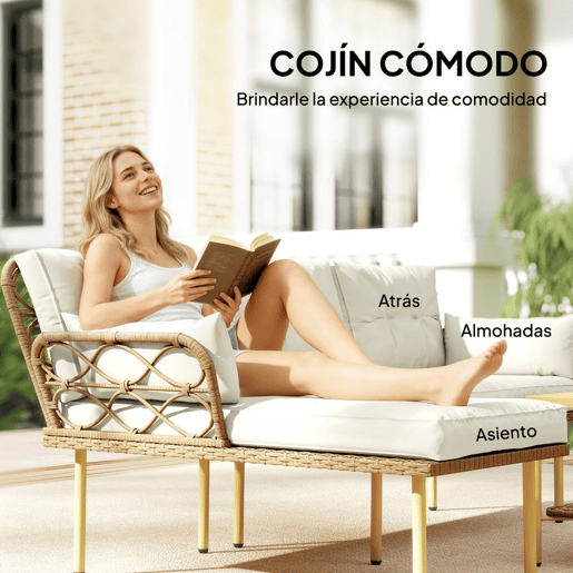Outsunny Conjunto de Jardim em Vime de 3 Peças de Móveis de Jardim Exterior com 1 Sofá de Dois Lugares 1 Espreguiçadeira 1 Mesa de Centro Metálica de 2 Níveis e Almofadas Anti-UV para Pátio Creme