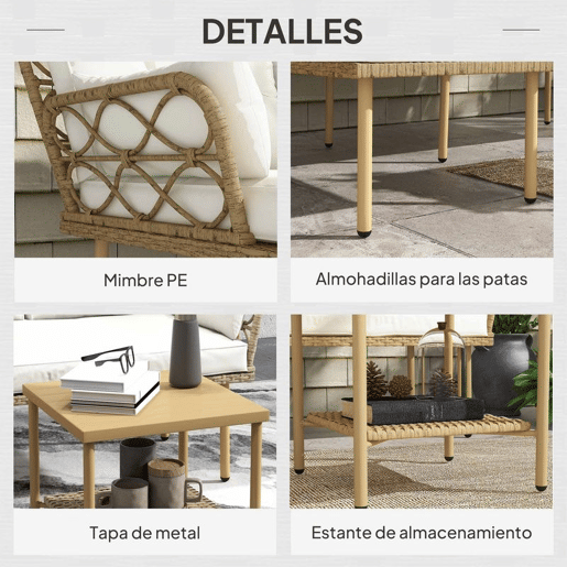 Outsunny Conjunto de Jardim em Vime de 3 Peças de Móveis de Jardim Exterior com 1 Sofá de Dois Lugares 1 Espreguiçadeira 1 Mesa de Centro Metálica de 2 Níveis e Almofadas Anti-UV para Pátio Creme