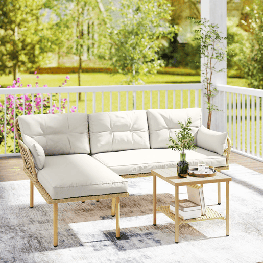 Outsunny Conjunto de Jardim em Vime de 3 Peças de Móveis de Jardim Exterior com 1 Sofá de Dois Lugares 1 Espreguiçadeira 1 Mesa de Centro Metálica de 2 Níveis e Almofadas Anti-UV para Pátio Creme