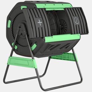 Outsunny Compostador Giratório de 200L Contenedor de Compostagem de Jardim de Câmara Dupla Livre de BPA com Aberturas de Ventilação 2 Portas Deslizantes e Base Metálica Verde