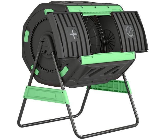 Outsunny compostador giratorio de 200l, contenedor de compostaje de jardín de doble cámara, sin bpa, compostadora con aberturas de ventilación, 2 puertas deslizantes y patas de metal, verde