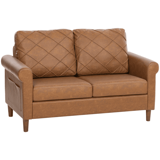 HOMCOM Sofá de 2 Lugares, Sofá Moderno, Revestido em PU, Almofada Espessa, Encosto com Costuras, Assento Amplo, Pés de Madeira Maciça para Sala, Quarto e Escritório, 134x71x82 cm, Castanho