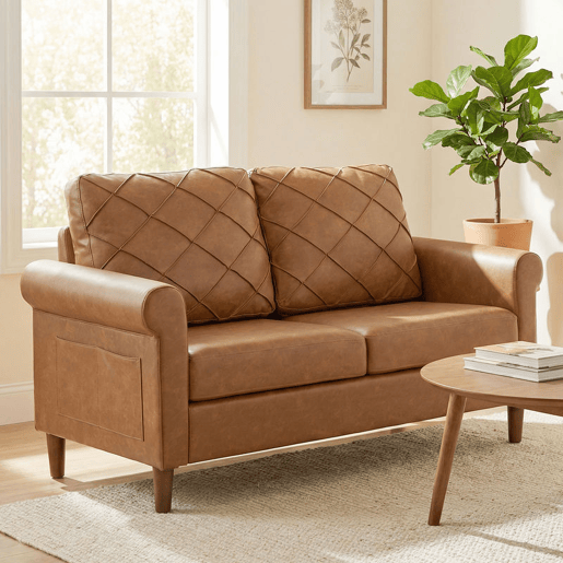 HOMCOM Sofá de 2 Lugares, Sofá Moderno, Revestido em PU, Almofada Espessa, Encosto com Costuras, Assento Amplo, Pés de Madeira Maciça para Sala, Quarto e Escritório, 134x71x82 cm, Castanho