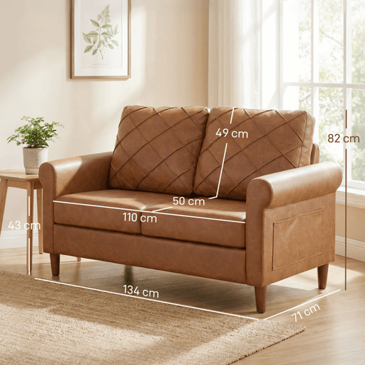 HOMCOM Sofá de 2 Lugares, Sofá Moderno, Revestido em PU, Almofada Espessa, Encosto com Costuras, Assento Amplo, Pés de Madeira Maciça para Sala, Quarto e Escritório, 134x71x82 cm, Castanho