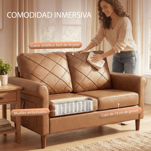 HOMCOM Sofá de 2 Lugares, Sofá Moderno, Revestido em PU, Almofada Espessa, Encosto com Costuras, Assento Amplo, Pés de Madeira Maciça para Sala, Quarto e Escritório, 134x71x82 cm, Castanho