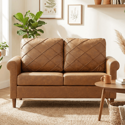 HOMCOM Sofá de 2 Lugares, Sofá Moderno, Revestido em PU, Almofada Espessa, Encosto com Costuras, Assento Amplo, Pés de Madeira Maciça para Sala, Quarto e Escritório, 134x71x82 cm, Castanho